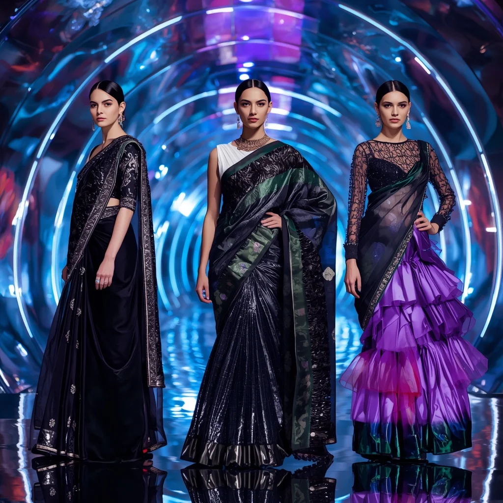 Obsidian Aurora Festival Saree with Curved Hologram Hall | Ai Image Generator Prompt