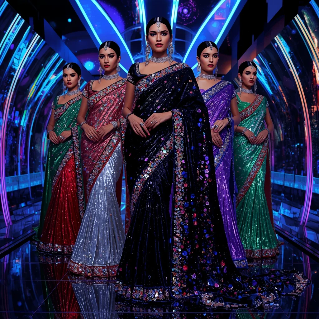 Obsidian Crystal Celestial Infinity Empress Saree with Mirror Fashion Poses and Neon Quantum Crystal Hyperverse | Cinematic Ai Prompt