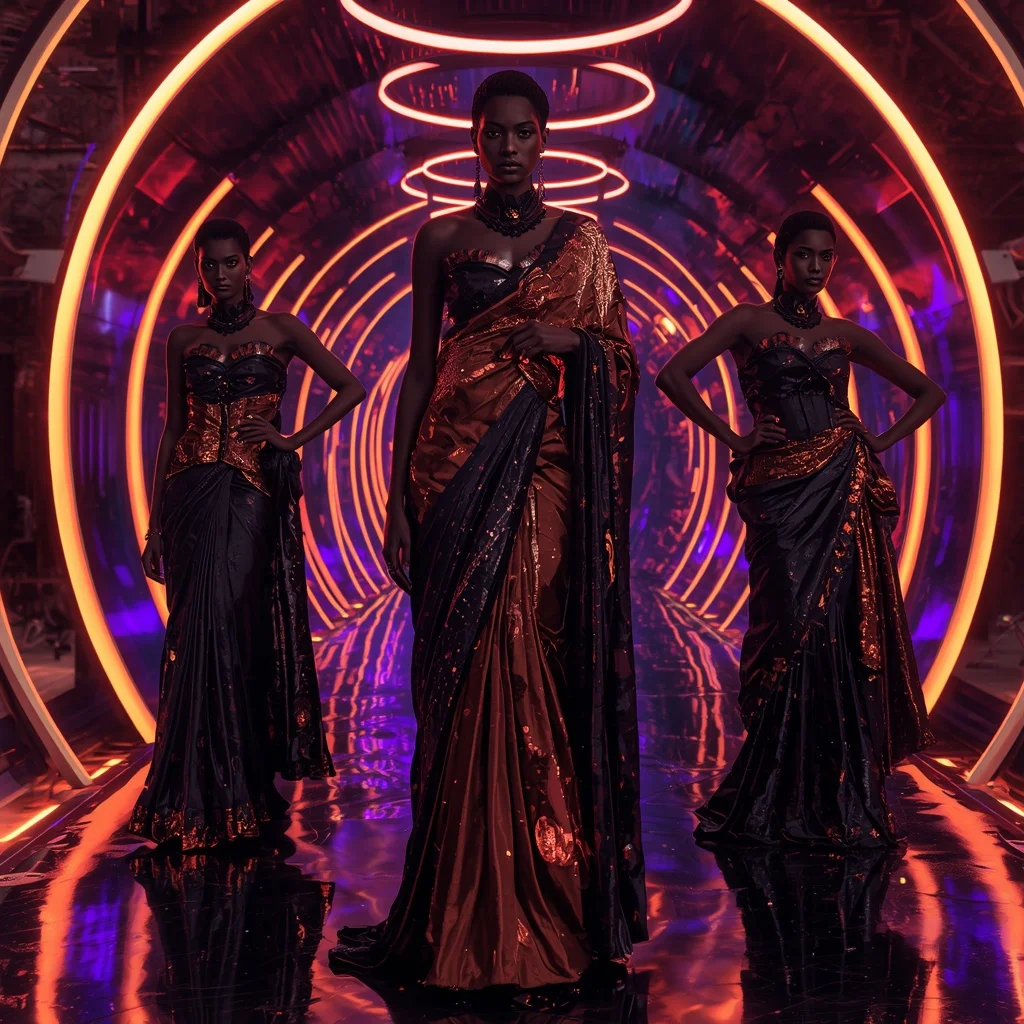 Obsidian Crystal Flame Saree with Futuristic Halo Chamber | Gemini Ai Prompt For Girl