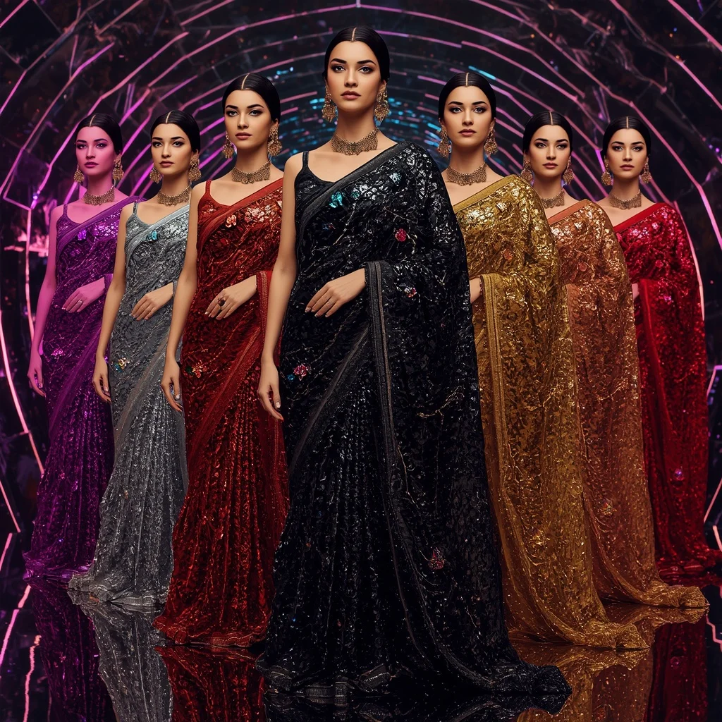 Obsidian Crystal Infinity Goddess Saree with Mirror Fashion Poses and Neon Celestial Quantum Megaverse | Saree Ai Prompt