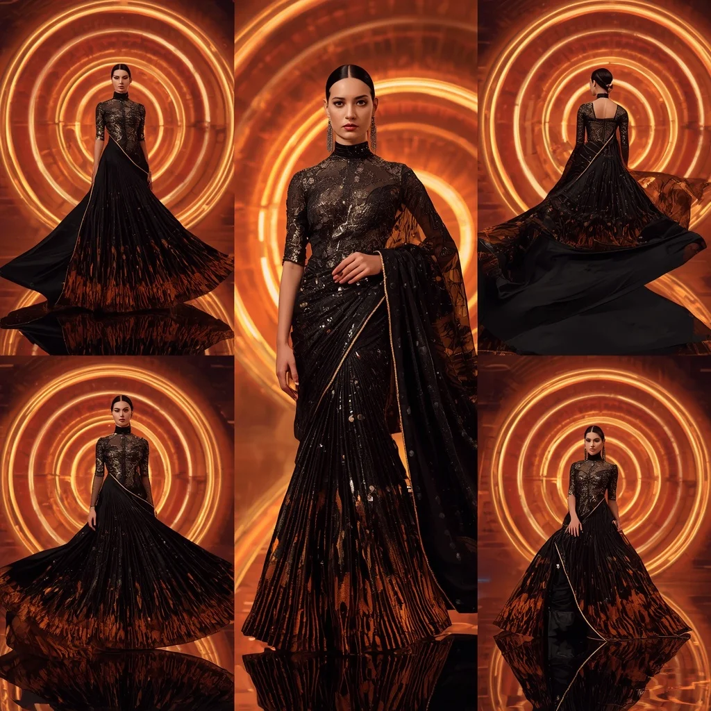 Obsidian Flame Saree with Futuristic Light Spiral | Instagram Model Ai Prompt