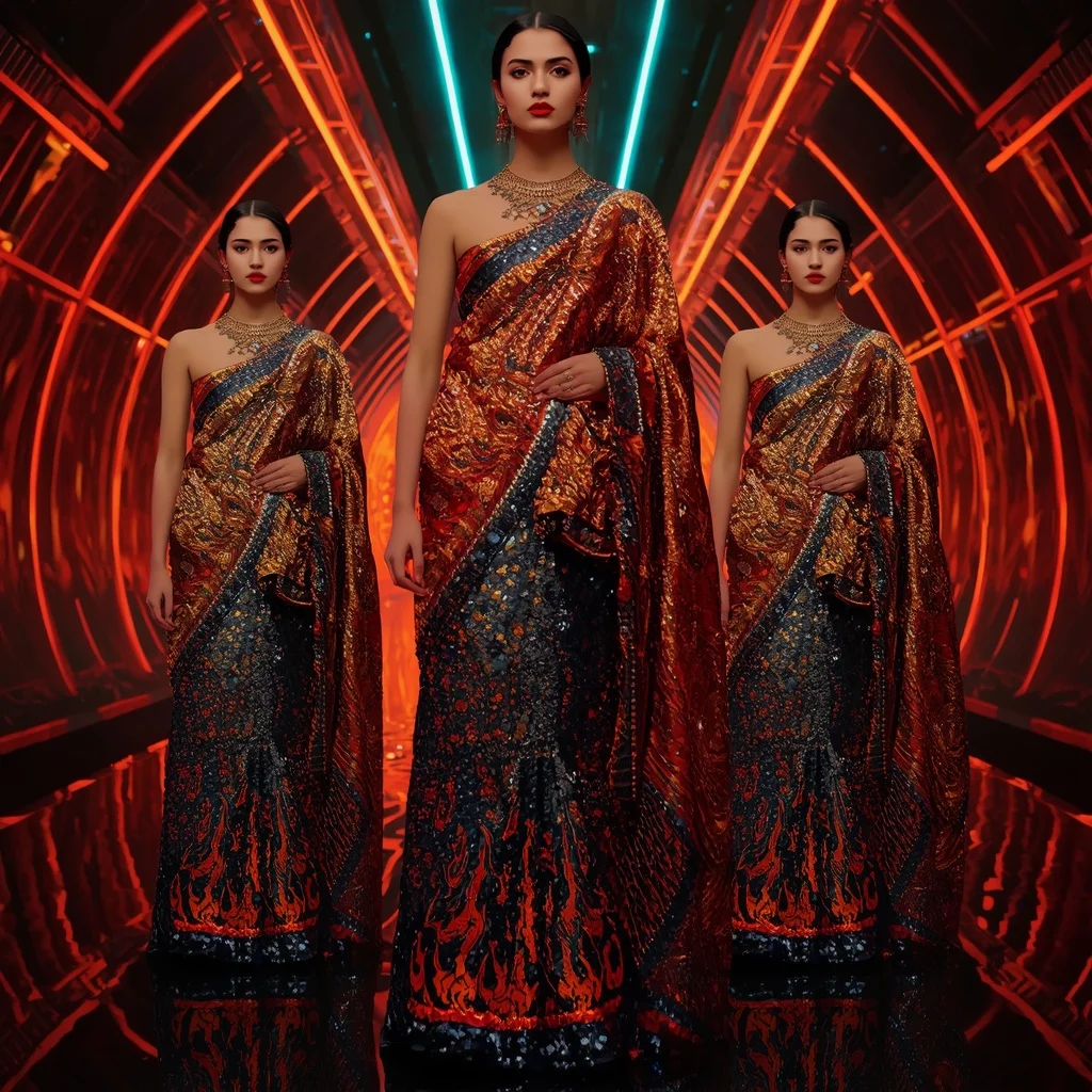 Obsidian Inferno Metallic Saree with Curved Neon Arena | Saree Photoshoot Prompt Ultra Realistic