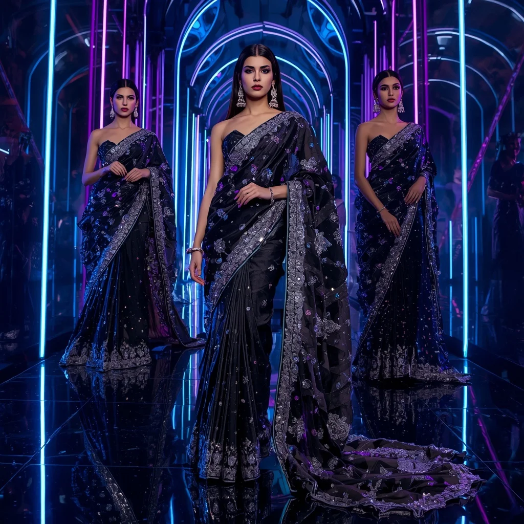 Obsidian Moonlight Prism Saree with Neon Reflection Cathedral | Gemini Ai Prompt Saree Copy Paste