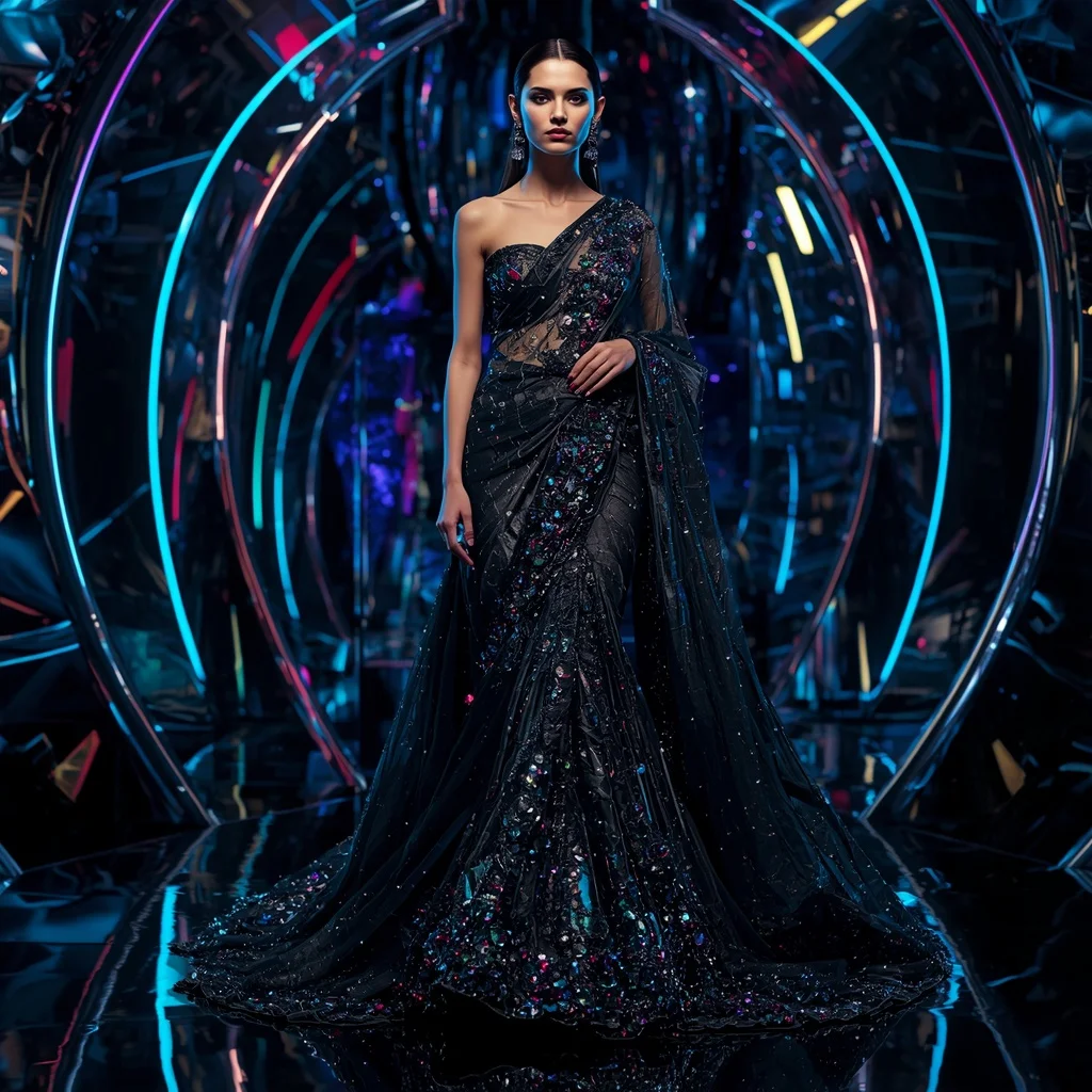 Obsidian Neon Celestial Saree with Cosmic Fashion Motions and Reflection Quantum Megaverse | Best Ai Prompt 2026