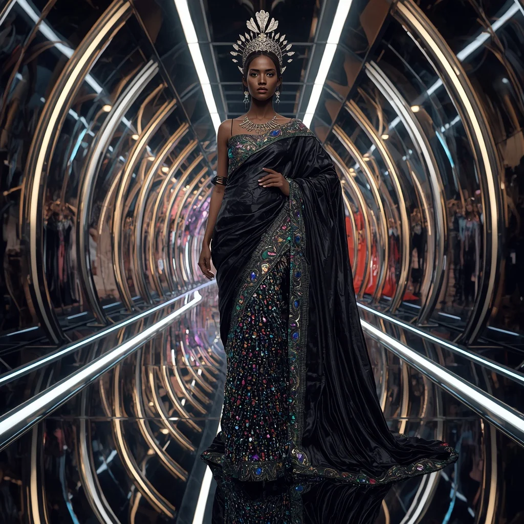 Obsidian Neon Hypergoddess Saree with Cosmic Fashion Motions and Reflection Infinity Citadel | Festive Prompt