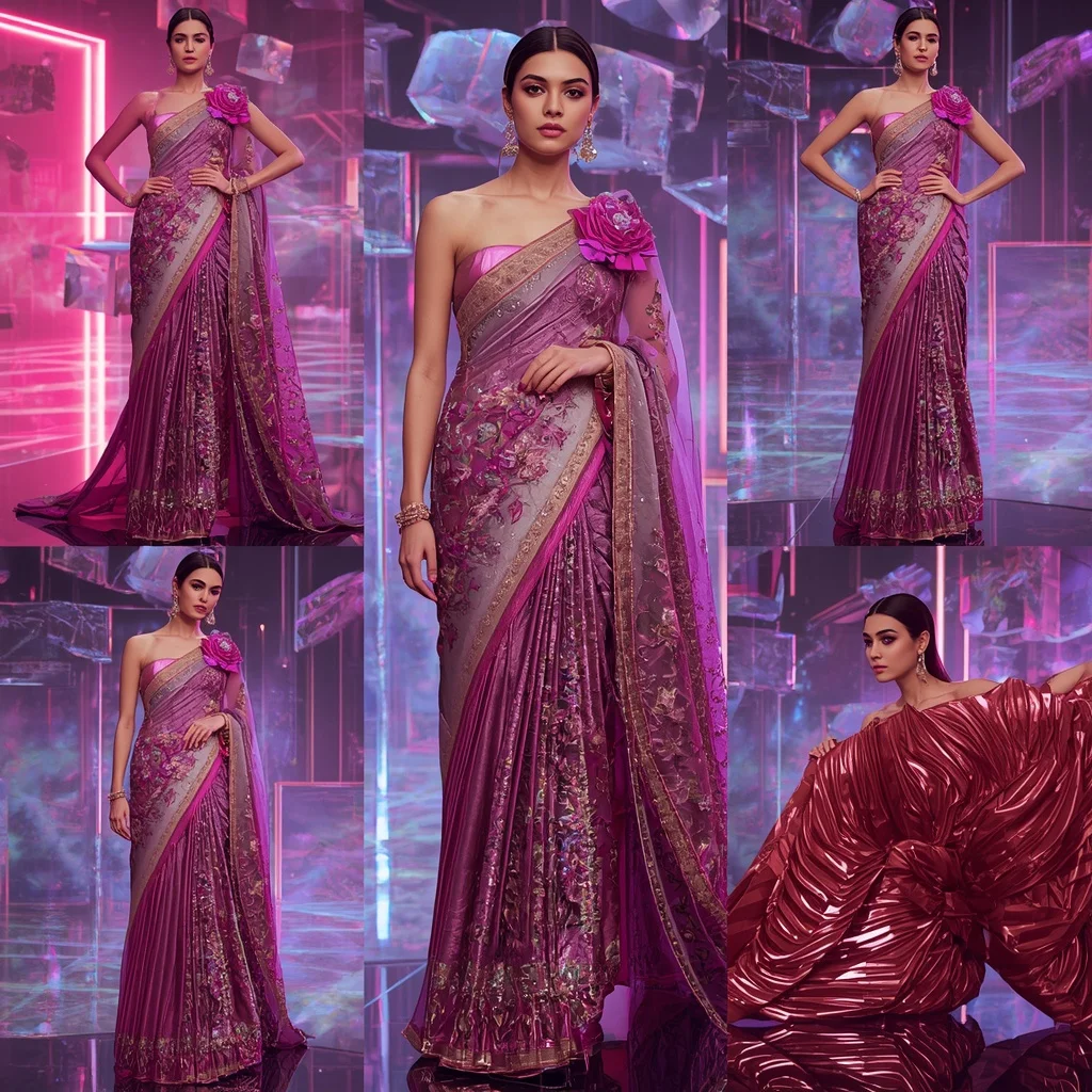 Orchid Royale Saree with Floating Holographic Cubes | Sora Ai Prompt