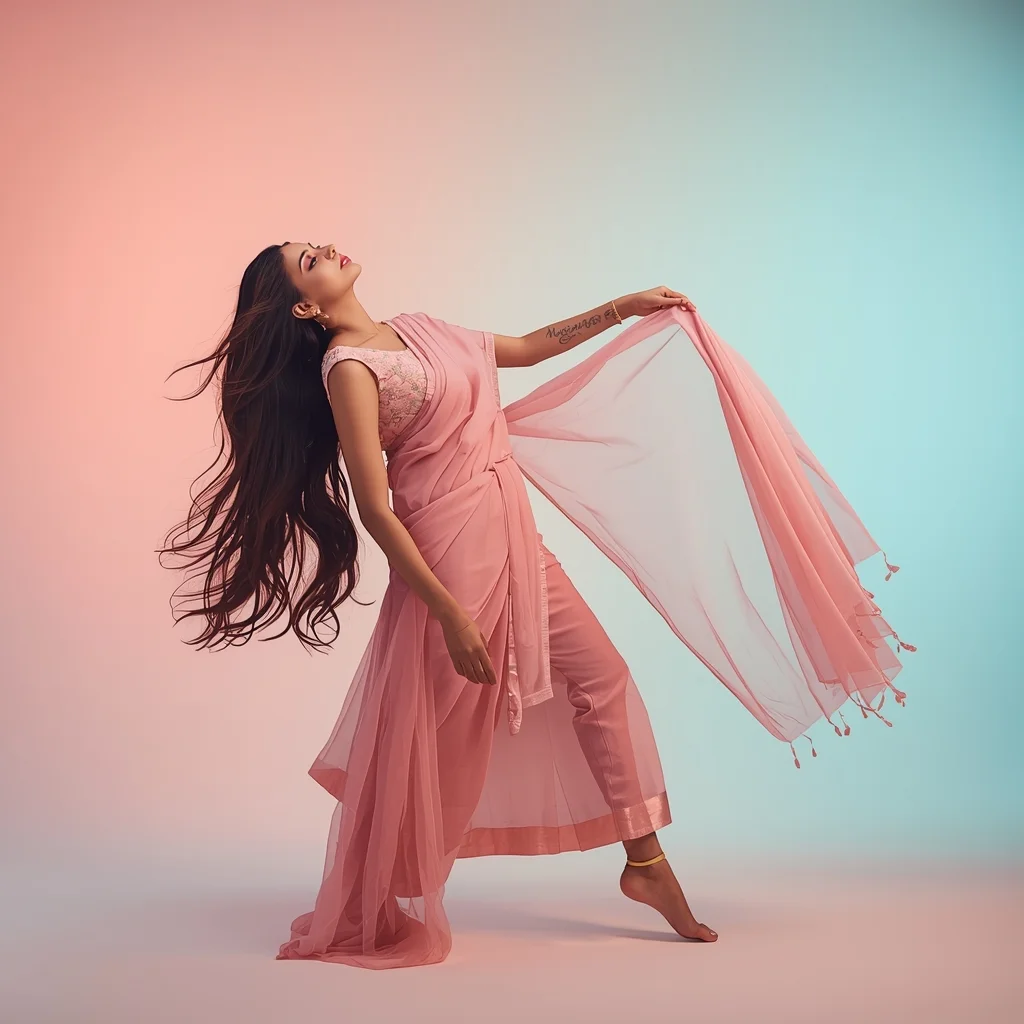 Pastel Festive Girl Reverse Arc Lean Dupatta Float Pose | Girl Photo Prompt Gemini