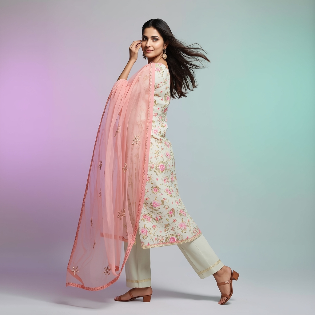 Pastel Kurta Set Girl Gentle Cross Pivot Dupatta Pose | Gemini Ai Photo Prompt