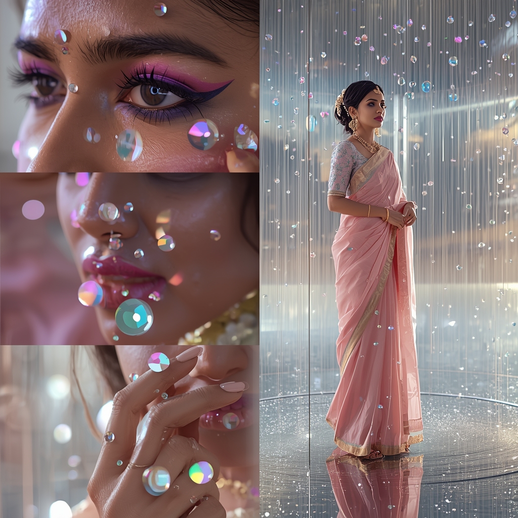 Pastel Saree Hyper Crystal Rain Reflection Chamber Cinematic Viral Prompt | Saree Aesthetic Ai Prompt For Pinterest