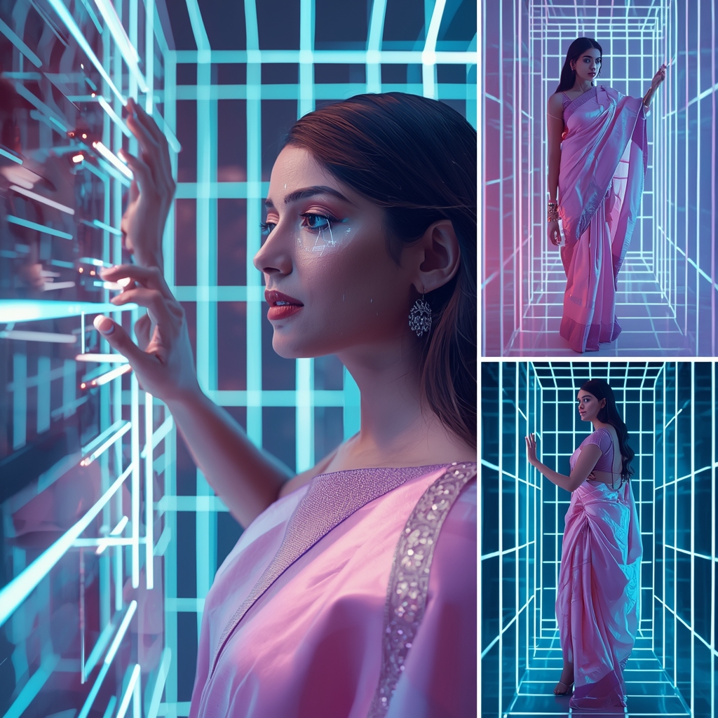 Pastel Saree Hyper Digital Light Grid Matrix Cinematic Viral Prompt | Saree Whatsapp Dp Ai Prompt