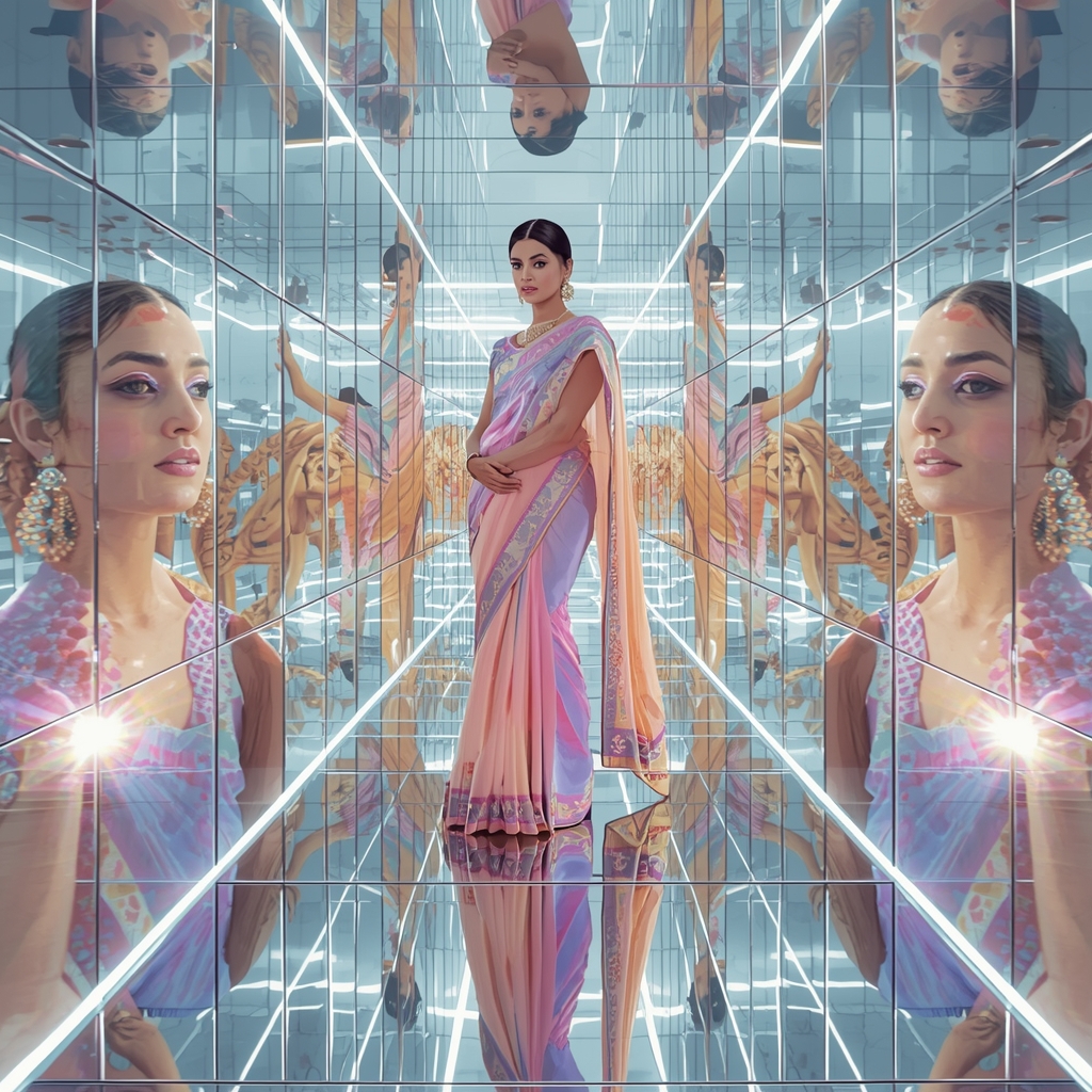 Pastel Saree Hyper Reflective Crystal Tunnel Infinity Cinematic Viral Prompt | Indian Bride Saree Ai Prompt