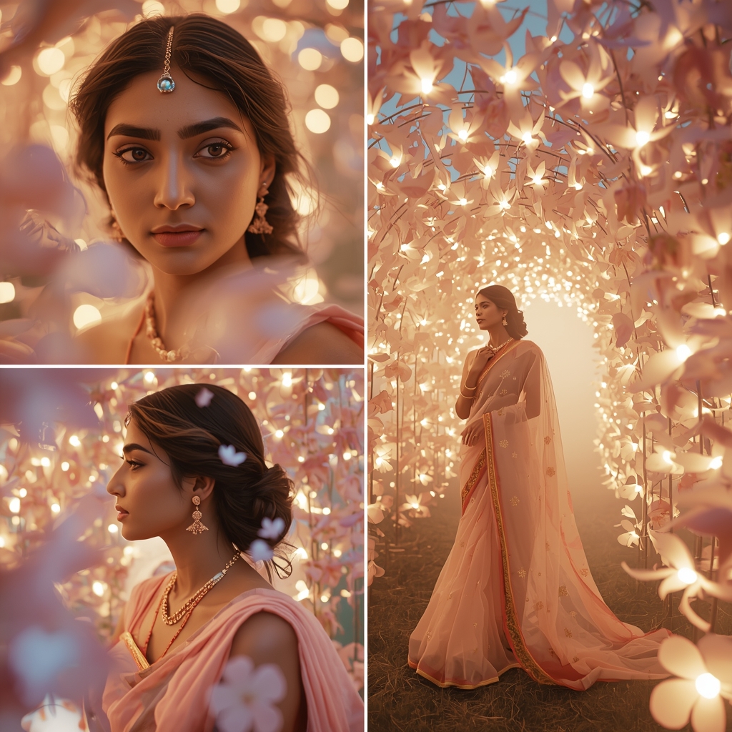 Pastel Saree Infinite Light Bloom Garden Luxury Cinematic Prompt | Aesthetic Saree Ai Prompt
