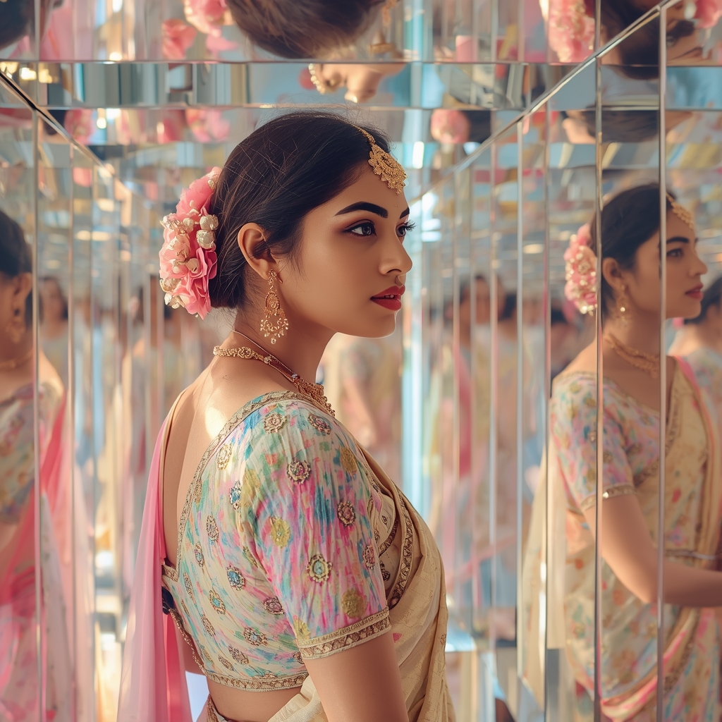 Pastel Saree Infinite Quantum Mirror Prism Multiverse Reflection Cinematic Viral Prompt | Viral Ai Image Prompt