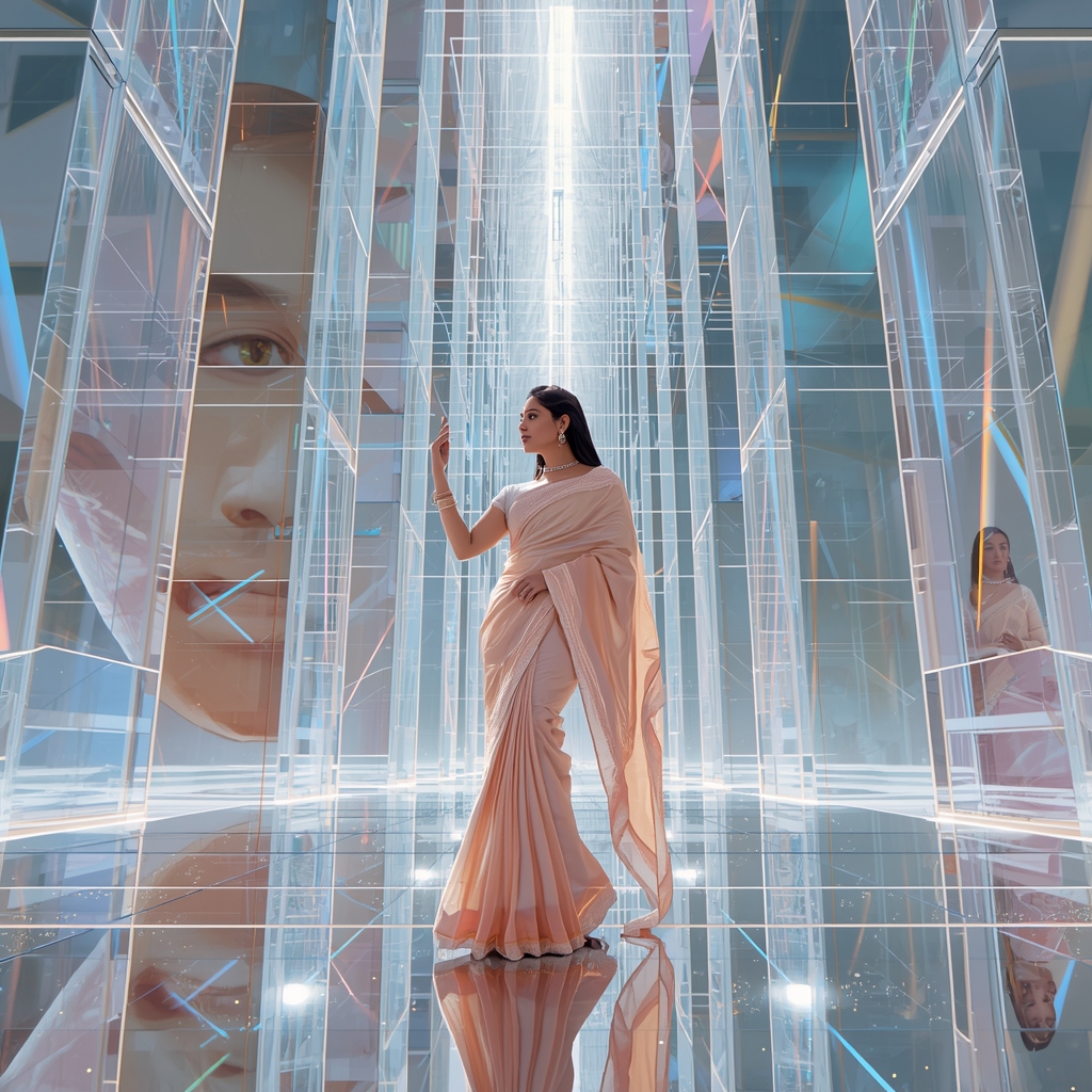 Pastel Saree Quantum Glass Cathedral Reflection Cinematic Viral Prompt | Indian Girl Saree Ai Prompt 4k Realistic