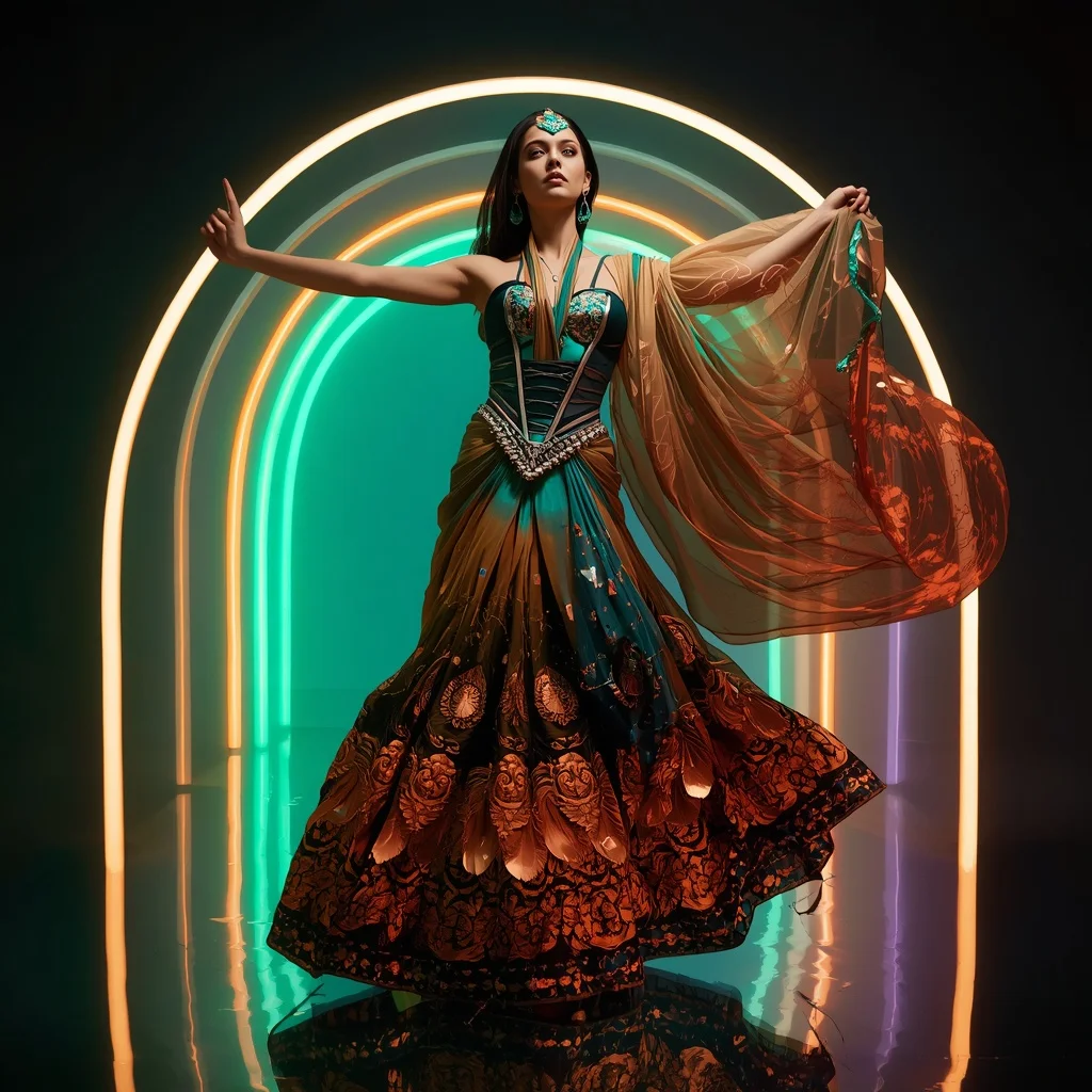 Peacock Phoenix Flame Saree with Curved Neon Citadel | Wedding Saree Ai Prompt