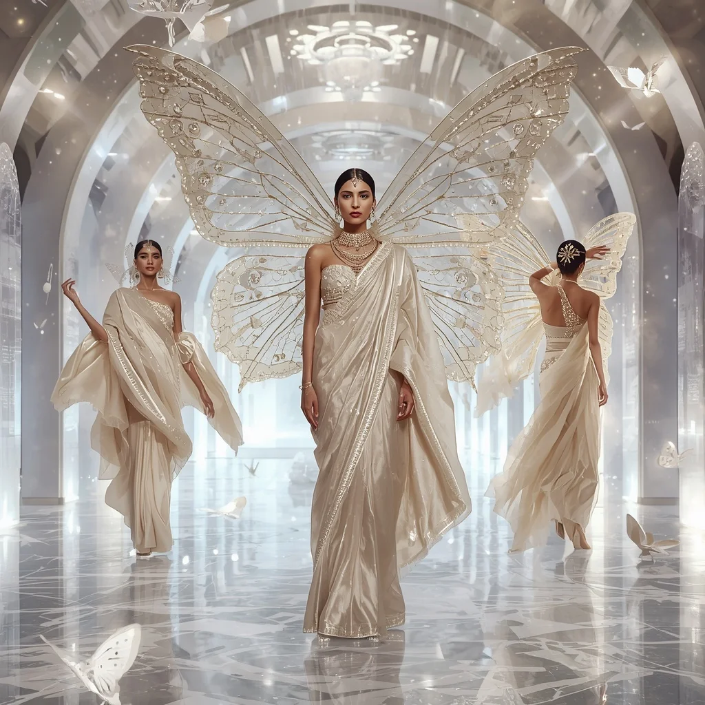 Pearl Butterfly Heaven Saree – Luxury Multi-Pose Angelic Couture with Dream Crystal Background | Ai Prompt