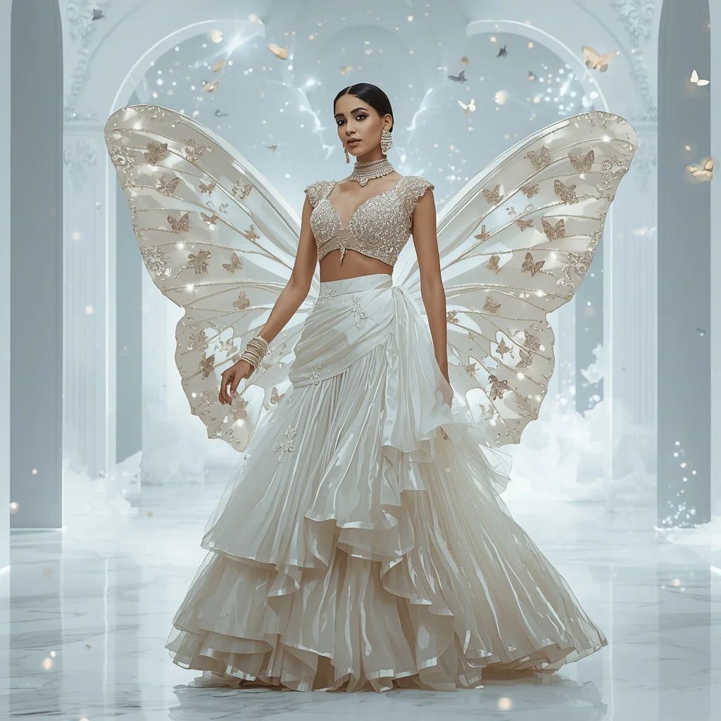 Pearl Moonlight Butterfly Saree with Heavenly White Fantasy Ballroom Background | Ai Photo Editing Prompt