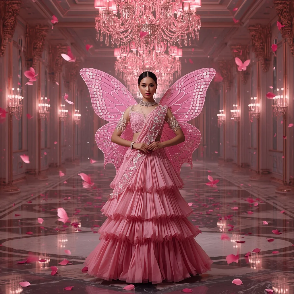 Pink Diamond Butterfly Palace Saree with Royal Fantasy Ballroom Background | Festive Prompt