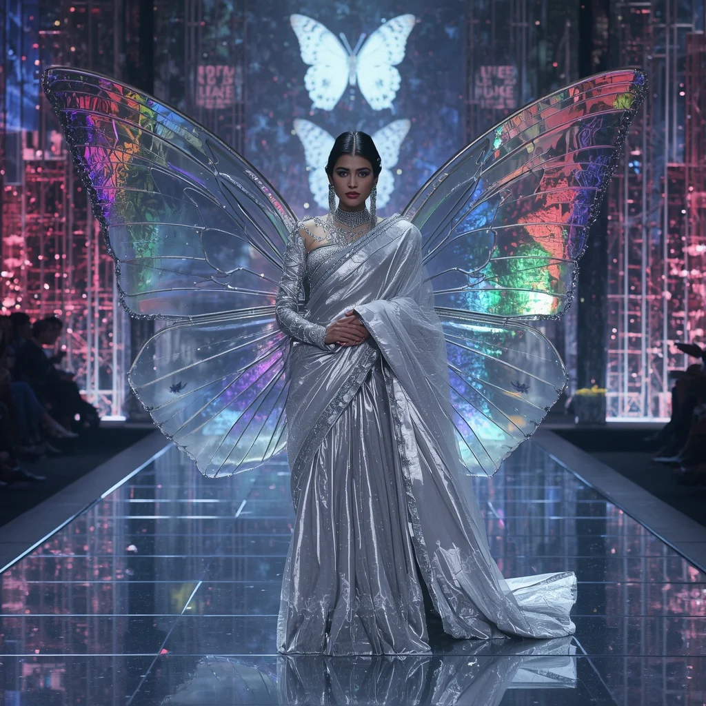 Platinum Butterfly Galaxy Saree with LED Prism City Background | Instagram Aesthetic Ai Prompt