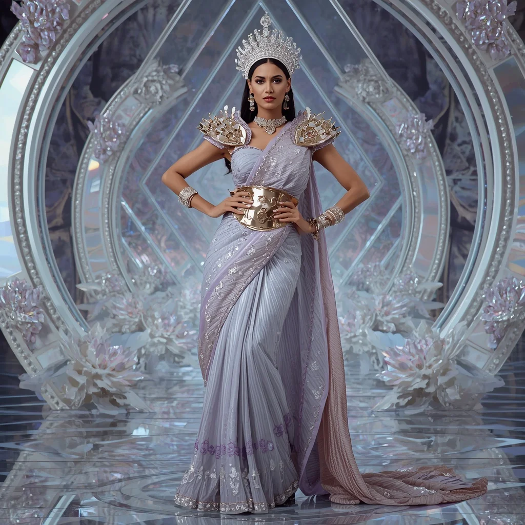 Platinum Lotus Crown Saree with Holo Prism Celestial Dominion | Influencers Ai Prompt