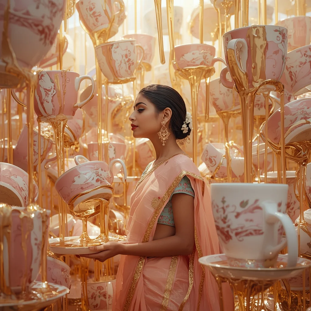 Premium Antique Porcelain Aesthetic With Liquid Gold For Saree Portrait | Image To Prompt