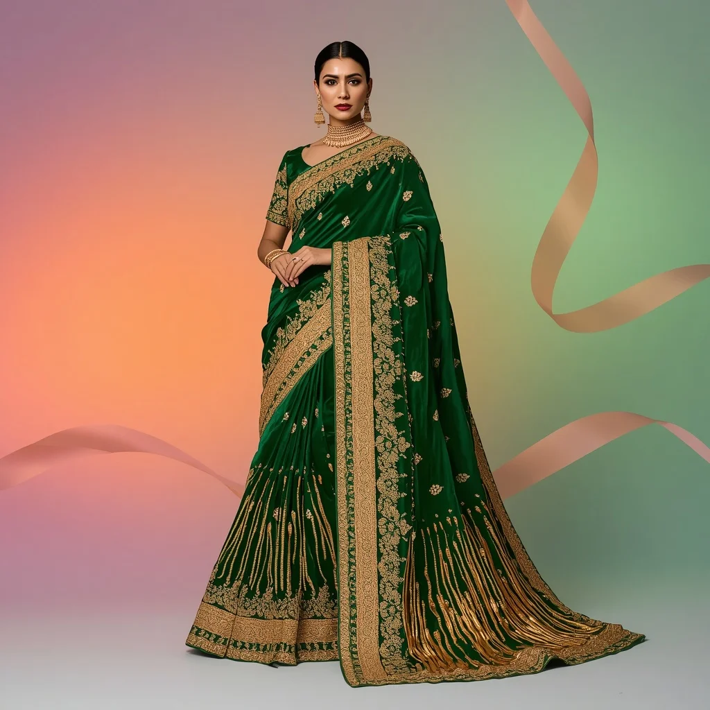 Premium Festival Saree Look: Emerald Green Velvet with 3D Molten Gold Drip Borders | New Design Ai Prompt