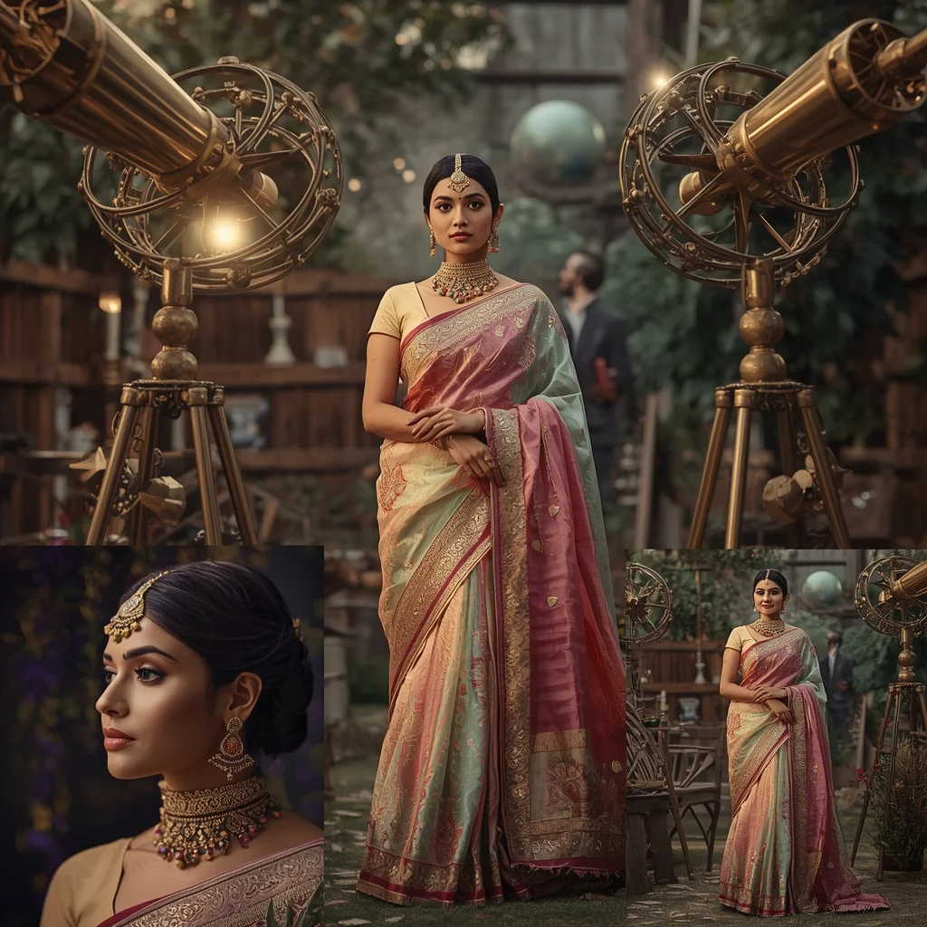 Premium Heritage Saree Portrait Embellished With Antique Brass Astronomy | Gemini Saree Ai Photo Prompt