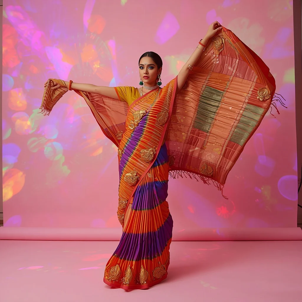 Premium Multicolored 3D Origami & Molten Gold Saree | Saree Photo Ai Prompt