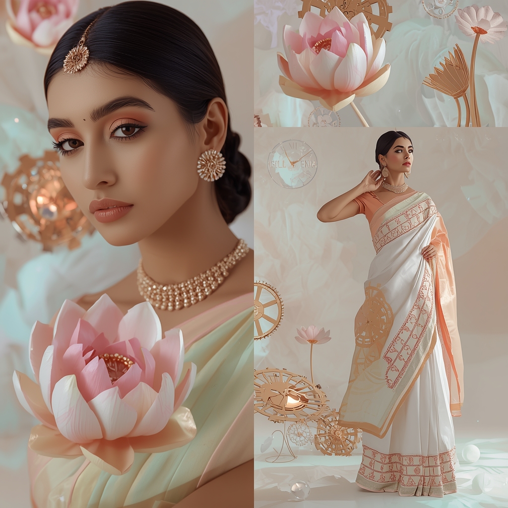 Premium Pastel Saree Portrait With Levitating Clockwork Lotus Flower Sculptures | Indian Saree Ai Prompt