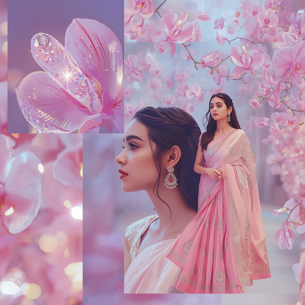 Premium Pastel Saree Portrait With Levitating Luminescent Crystal Orchids | Saree Photo Ai Prompt