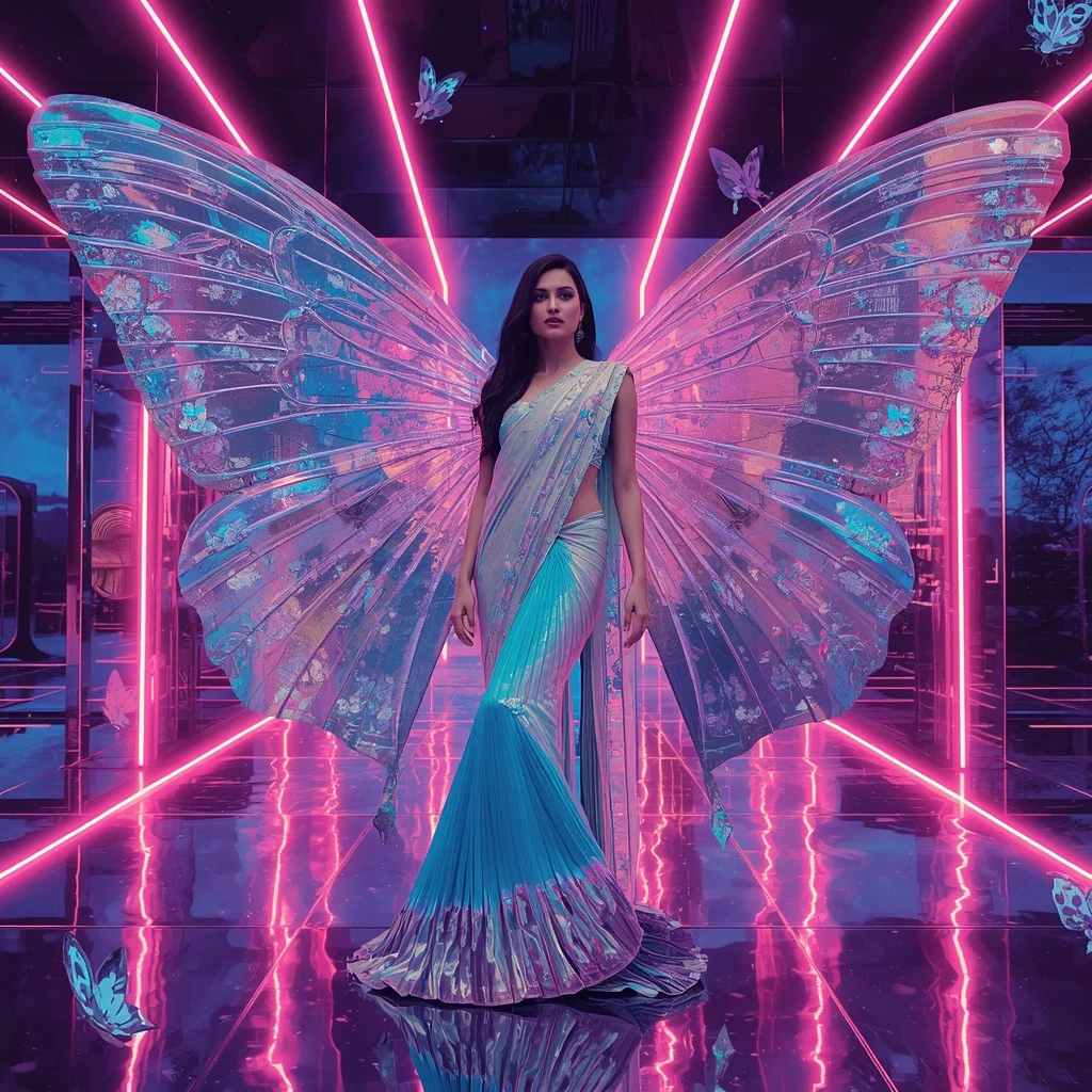 Prism Galaxy Butterfly Saree – Futuristic Multi-Pose Couture with Neon Cosmic Background | Gemini Ai Photo Prompt Copy Paste