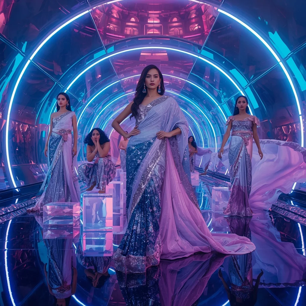 Quantum Aurora Queen Saree with Floating Neon Metaverse Hall | Saree Reel Ai Prompt
