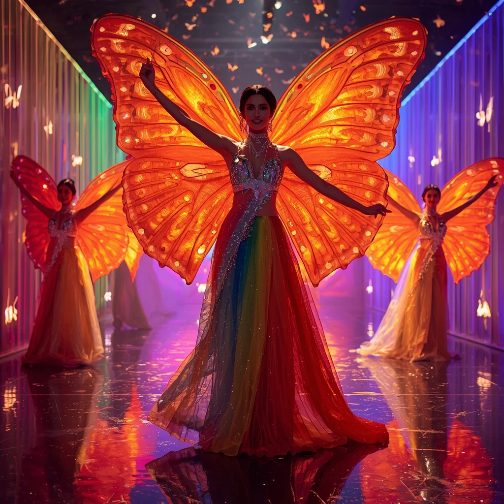 Rainbow Butterfly Flame Saree – Dynamic Multi-Pose Festival Couture with Futuristic Laser Background | Gemini Ai Photo