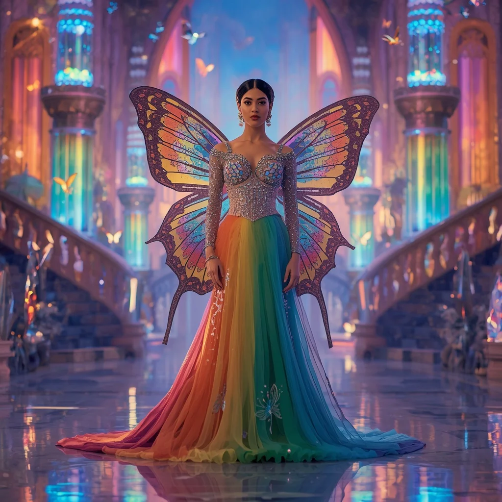 Rainbow Mirage Butterfly Saree with Prism Fantasy Castle Background | Gemini Ai Prompt For Girl