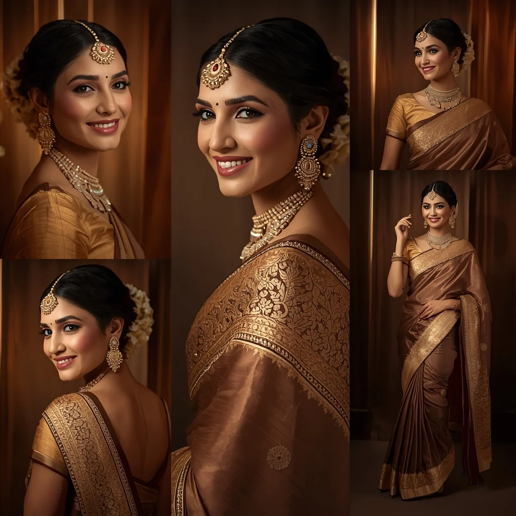 Rich Bronze Brown Traditional Saree Indian Woman Luxury Composition | Sora Ai Prompt
