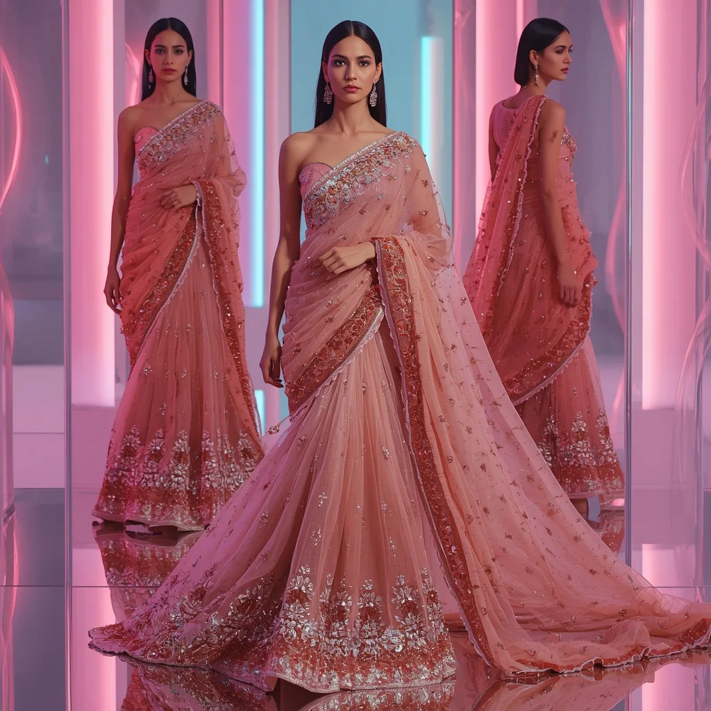 Rose Crystal Mirage Saree with Floating Prism Chamber | Saree Prompt Copy Paste
