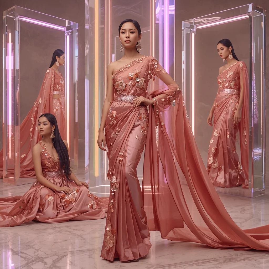 Rose Ember Fantasy Saree with Floating Crystal Frames | Command Prompt