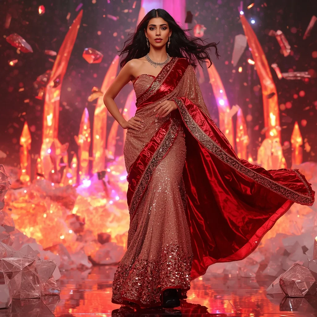 Rose Gold Inferno Royale Saree with Floating Crystal Geometry | Indian Girl Saree Ai Prompt 4k Realistic