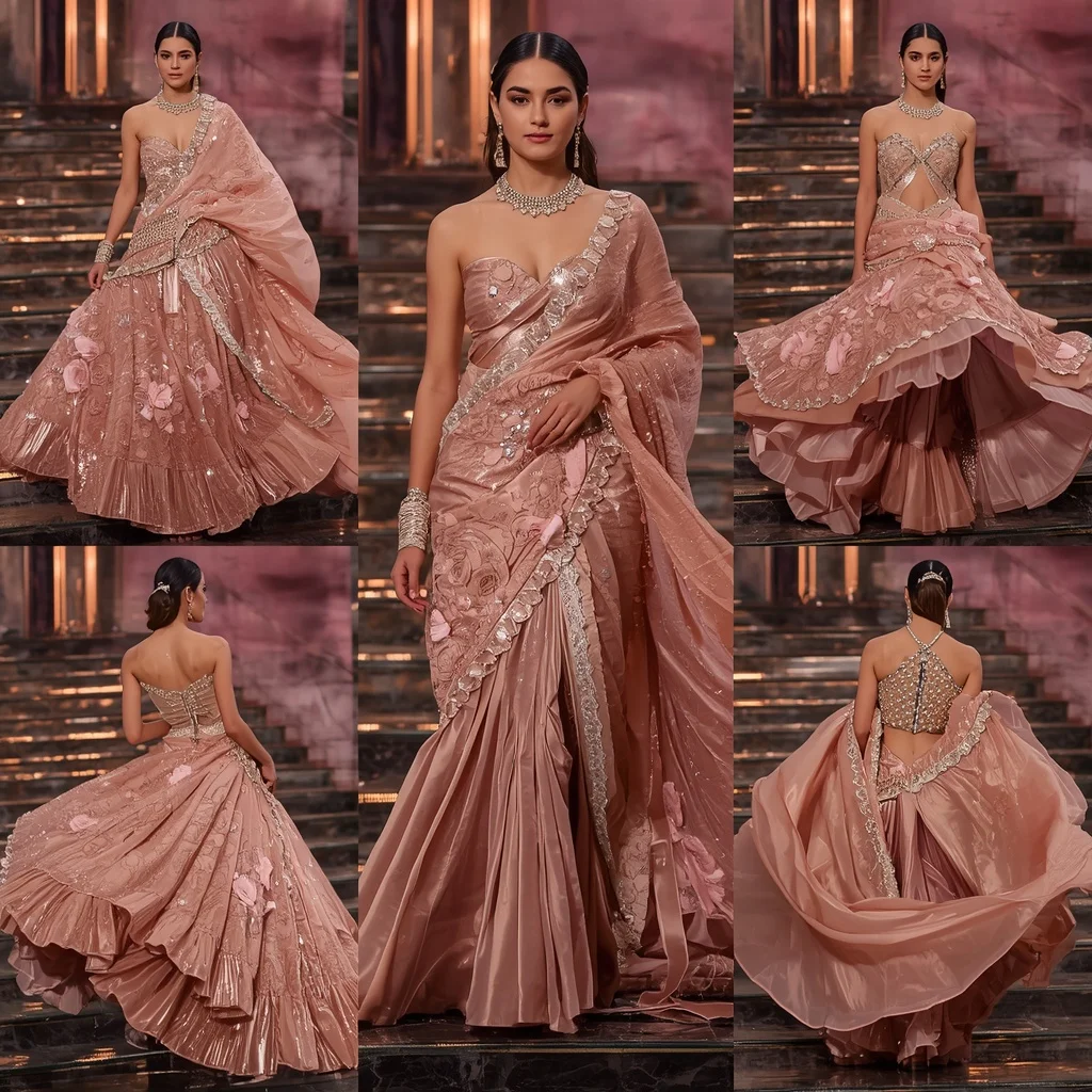 Rose Mirage Royale Saree with Floating Glass Stairways | Anime Ai Prompt