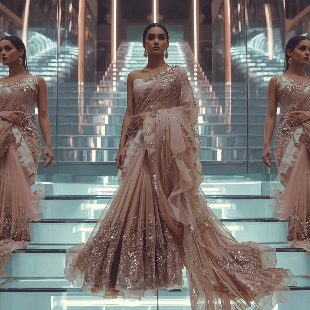 Rose Quartz Metallic Saree with Floating Prism Staircase | Google Prompt