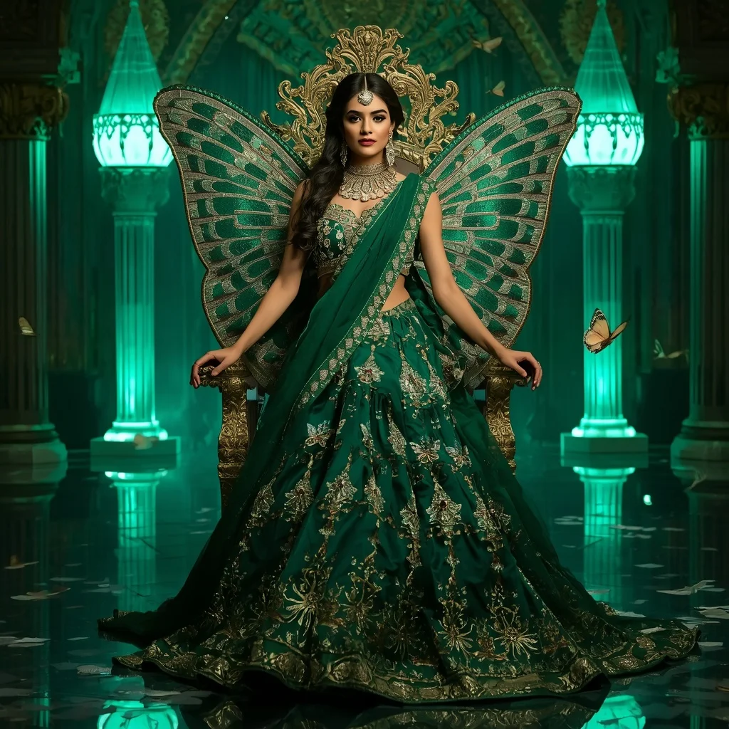 Royal Emerald Butterfly Throne Saree with Jewel Empire Background | Selfie Prompt