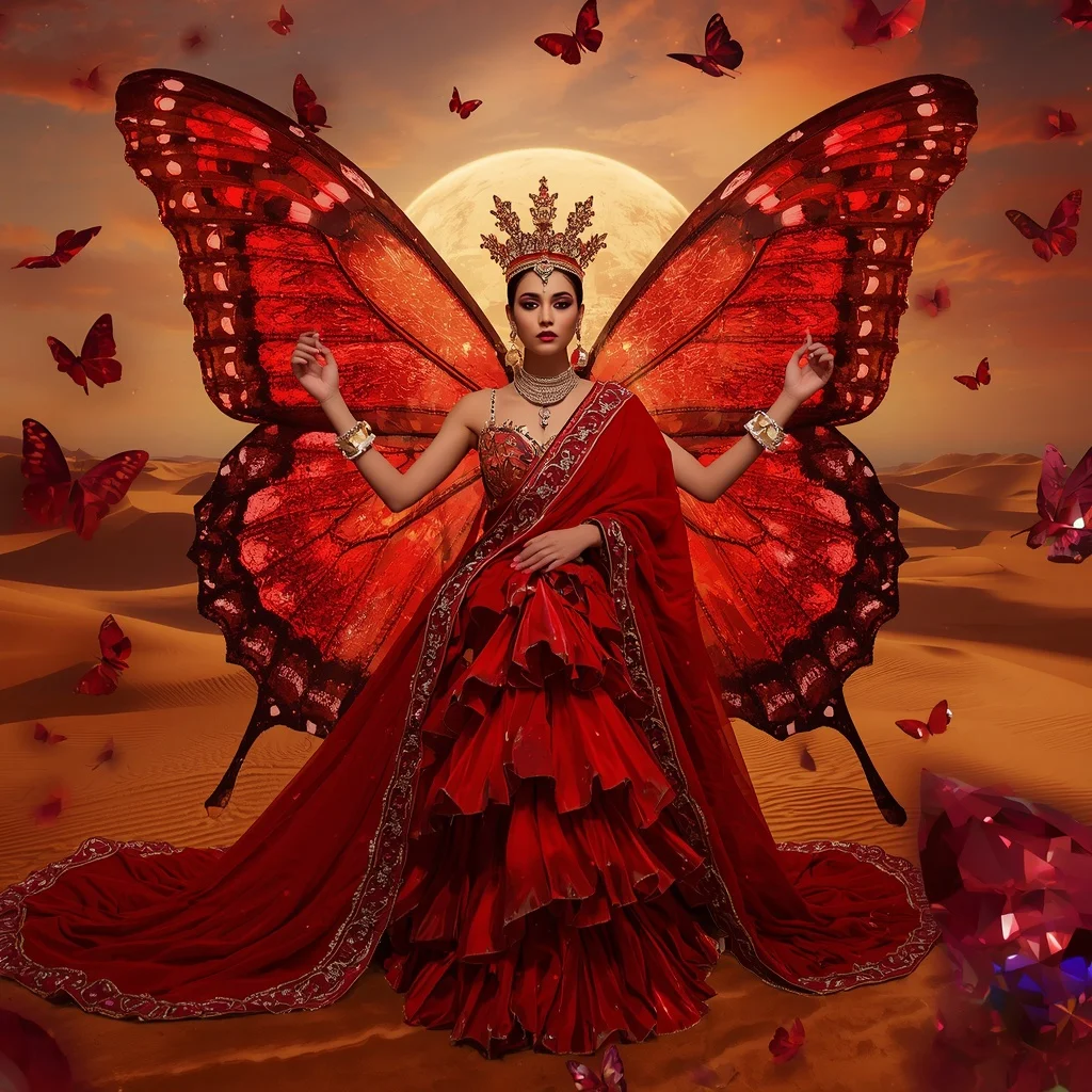 Ruby Butterfly Throne Saree – Heavy Jewel Multi-Pose Couture with Royal Desert Fantasy Background | Gemini Prompt