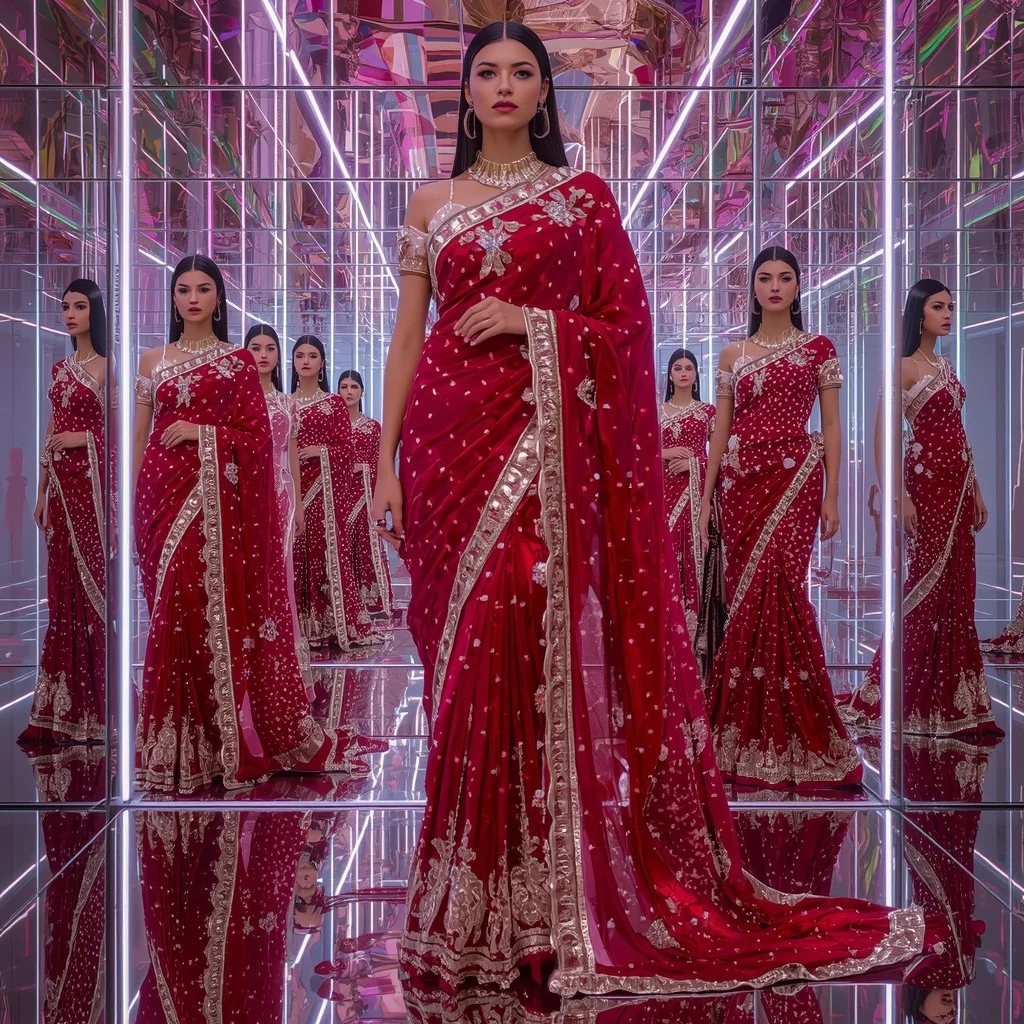 Ruby Crystal Celestial Queen Saree with Endless Glamour Poses and Holographic Mirror Infinity Hypercosmos | Creative Ai Prompt