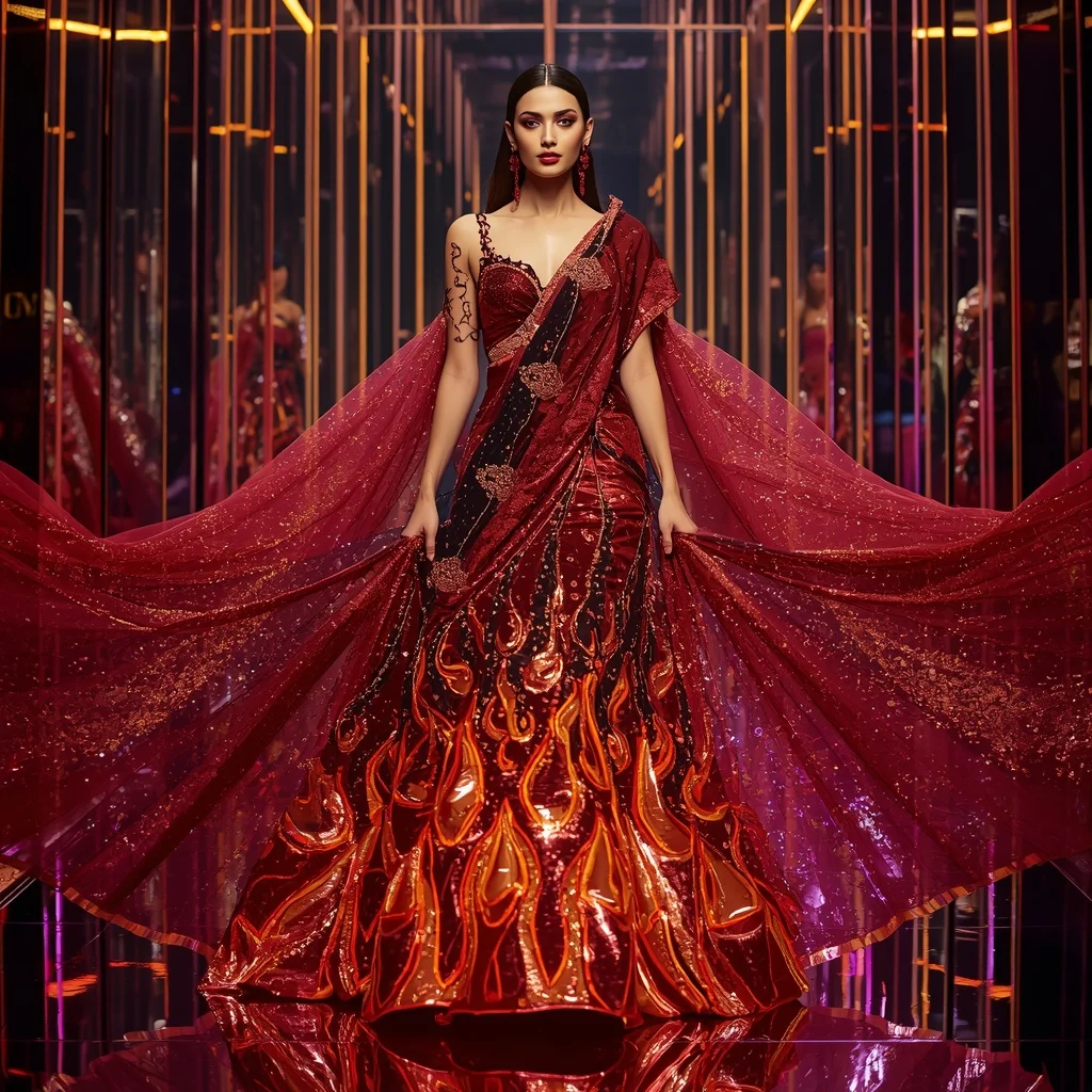 Ruby Inferno Celestial Saree with Floating Runway Motions and Prism Reflection Quantum Citadel | Instagram Model Ai Prompt