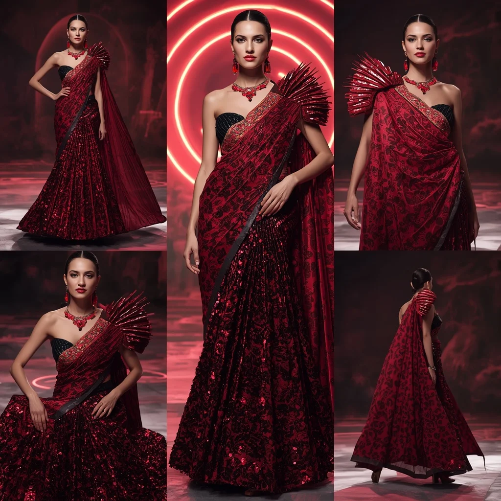 Ruby Inferno Fusion Saree with Dynamic Neon Spiral | Aesthetic Ai Prompt
