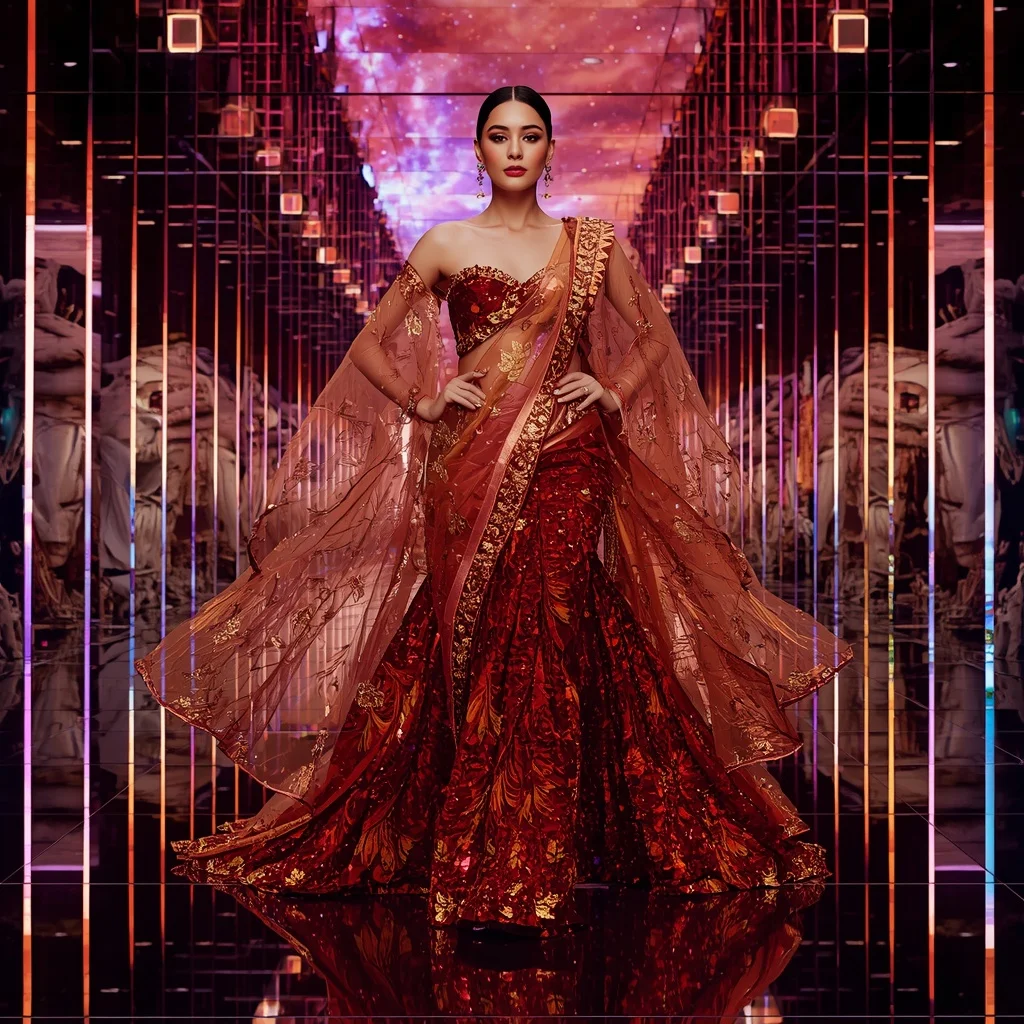 Ruby Inferno Hyperqueen Saree with Floating Runway Motions and Prism Reflection Infinity Megaverse | Realistic Ai Prompt