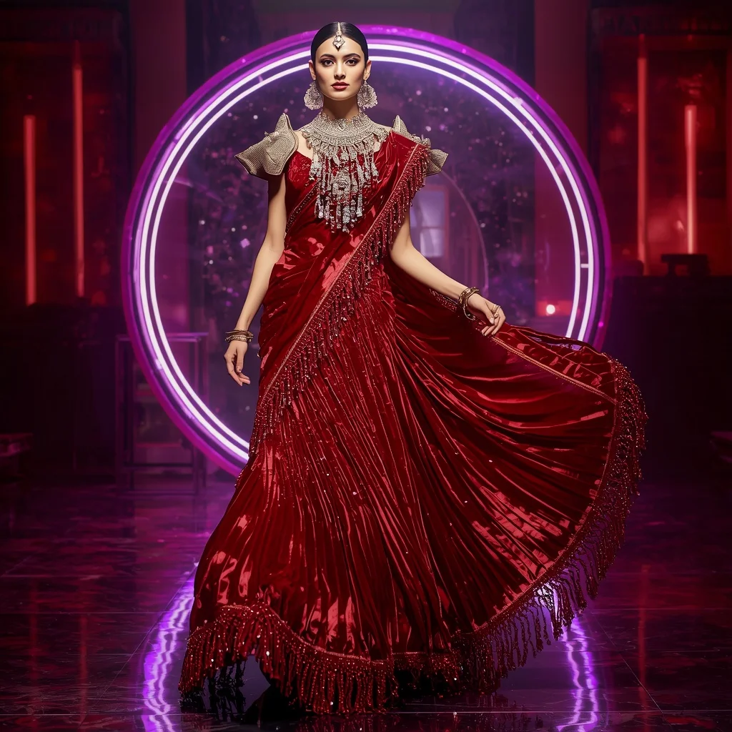 Ruby Velvet Galaxy Saree with Infinity Dome Sanctuary | Beautiful Saree Girl Ai Prompt Cinematic