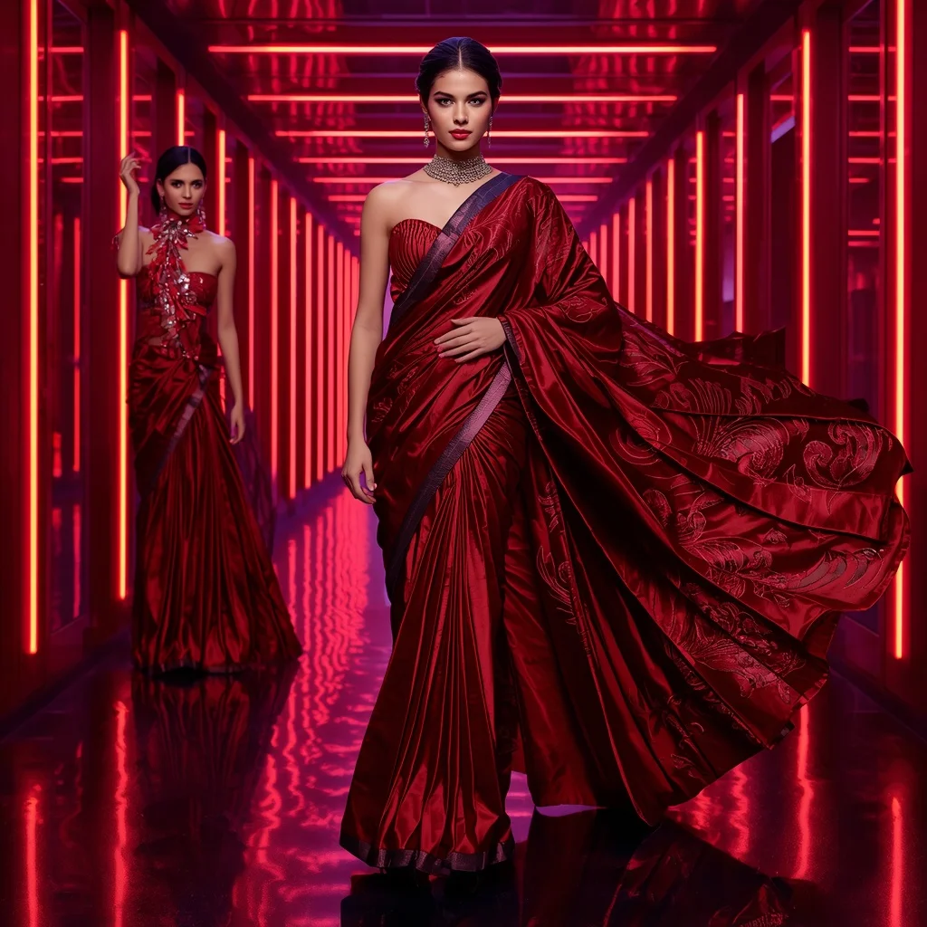 Ruby Voltage Saree with Neon Palace Corridor | Leonardo Ai Image Prompt