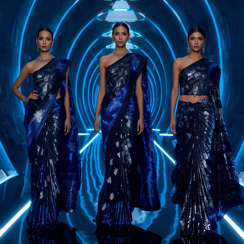 Sapphire Eclipse Couture Saree with Infinity Glow Corridor | Secret Ai Prompt