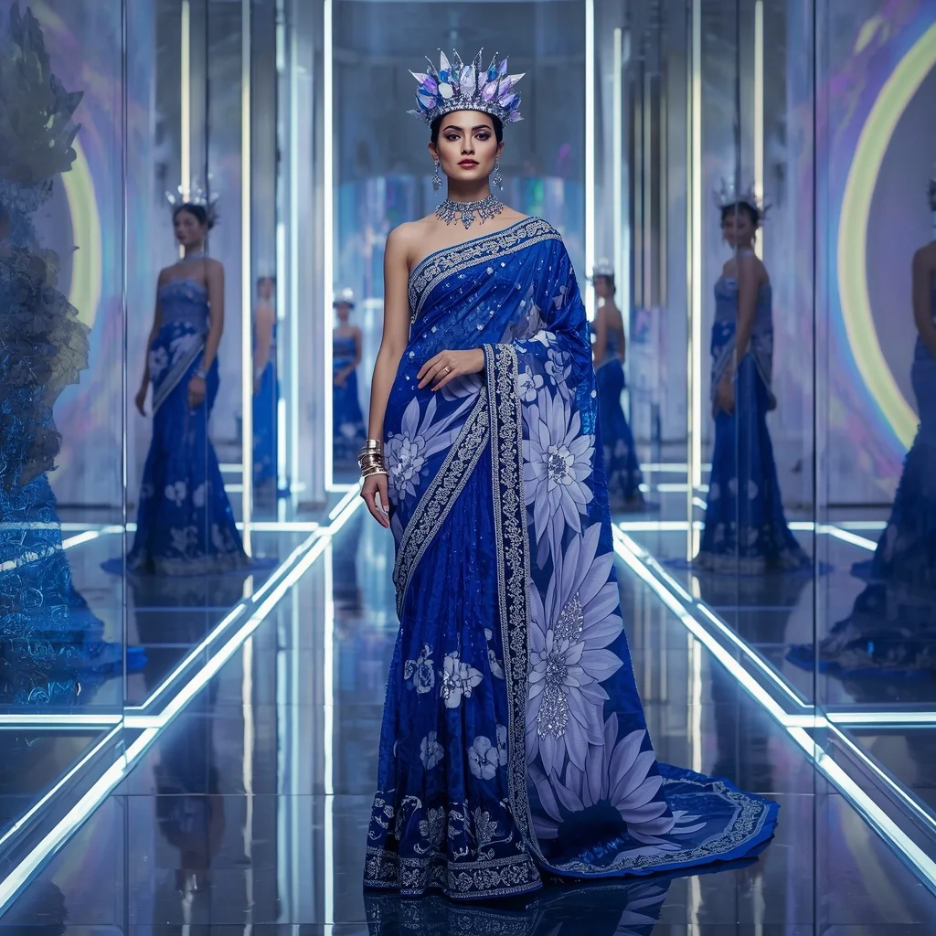 Sapphire Lotus Crown Saree with Infinity Crystal Temple | Gemini Saree Prompt For Woman